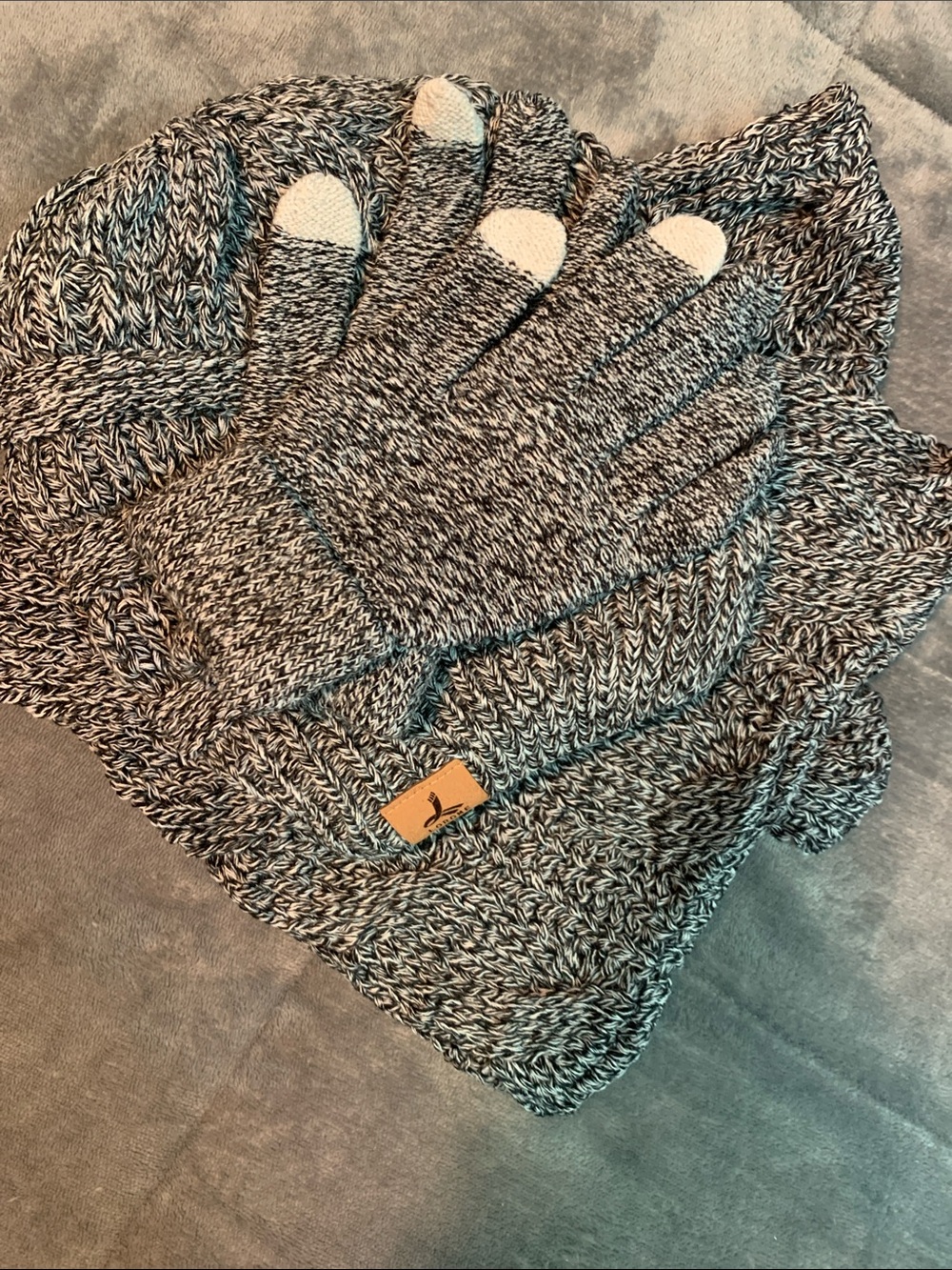 Cozy Black & White Marled Knit Beanie, Scarf, and Glove Set